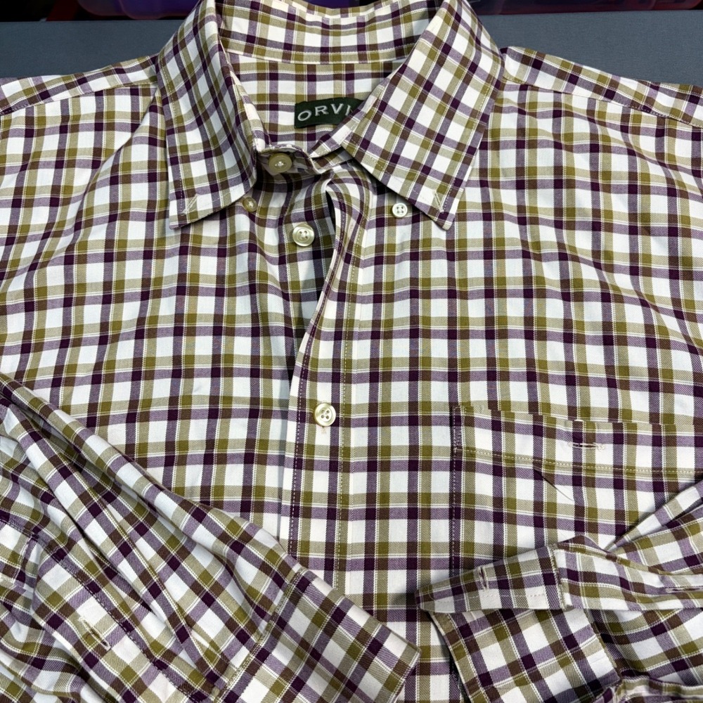 Orvis Mens XXL Plaid Button Down Shirt Purple Green Cotton Long Sleeve 4E4C